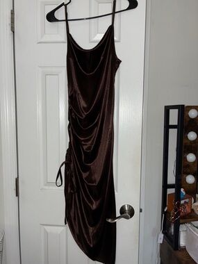 Women's Brown Satin Ruched Slip Dress - Brand